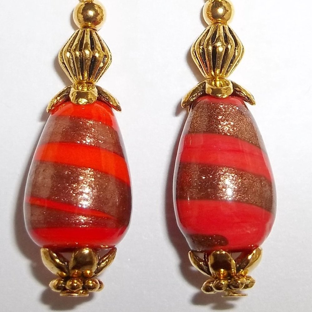 Orange & Gold Dangle Earring Handmade Jewelry 5241 - Picture 7 of 8